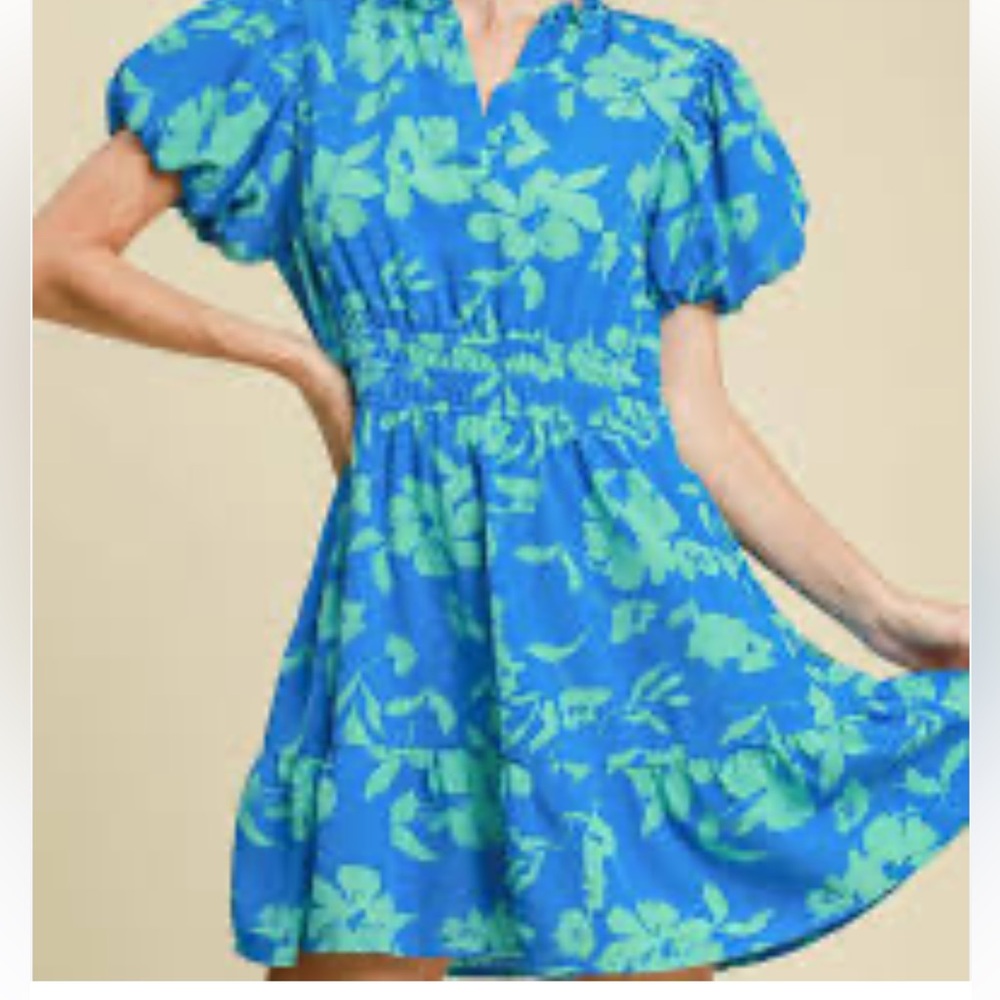 Umgee Blue & Green Floral Short Sleeve womens Dress